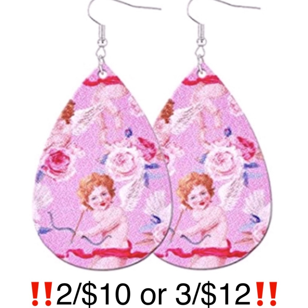 Valentine’s Day Faux Leather Pink Cupid Bow & Arrow Rose Pattern Earrings